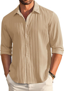DEEMOON Men Striped Casual Beige Shirt