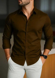 FATTY MOUSE Men Solid Casual Brown Shirt