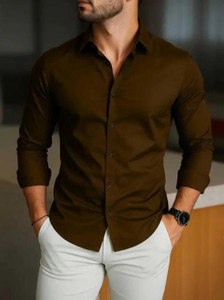 FATTY MOUSE Men Solid Casual Brown Shirt