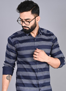 FUBAR Men Striped Casual Blue, Dark Blue Shirt
