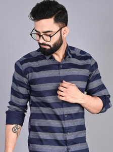 FUBAR Men Striped Casual Blue, Dark Blue Shirt