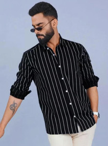 RODEIZ Men Striped Casual Black Shirt