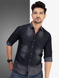 D Finish Men Washed Casual Black, Blue Shirt