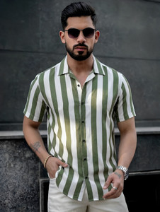 Roughster Men Striped Casual White, Green Shirt