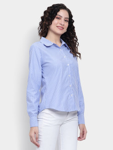 Nksa Fashion Women Striped Casual Blue, White Shirt