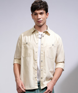 HIGHLANDER Men Solid Casual Cream Shirt