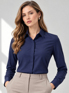 English Navy Women Solid Formal Dark Blue Shirt