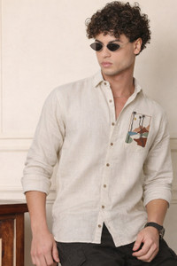 COMBRAIDED Men Floral Print Casual Cream Shirt