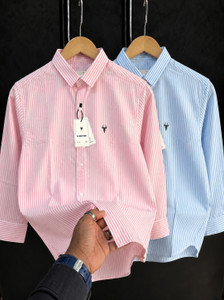 VG BROTHER Men Striped Casual Pink, Blue Shirt