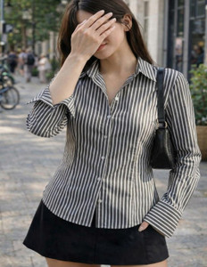 TINZ Women Striped Formal Grey Shirt