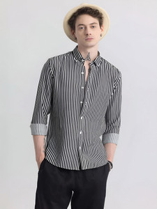 METRONAUT Men Striped Casual Black Shirt