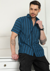 SHIMAK Men Striped Casual Light Blue Shirt