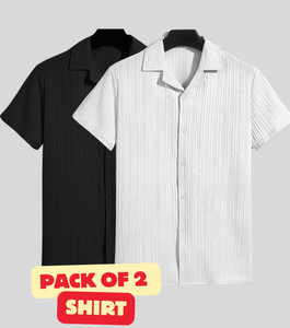 FUBACK Men Solid Casual Black, White Shirt