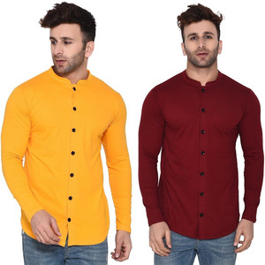 GEUM Men Solid Casual Maroon, Yellow Shirt