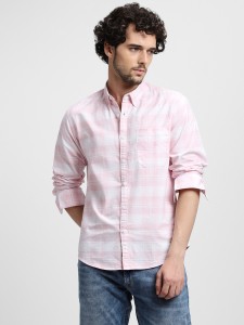Dennis Lingo Men Checkered Casual Pink Shirt