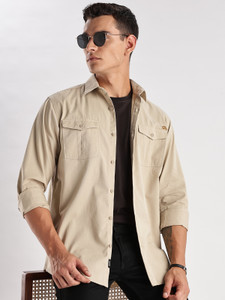 ADRO Men Solid Casual Beige Shirt