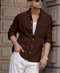 COMBRAIDED Men Self Design Casual Brown Shirt