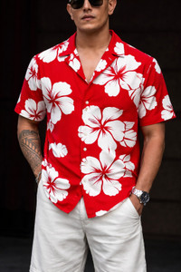 Uiriuy Men Floral Print, Printed Casual Dark Blue, White Shirt