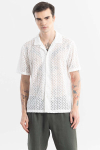 Snitch Men Self Design Casual White Shirt