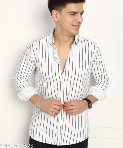HKV FASHION Men Striped Casual White Shirt