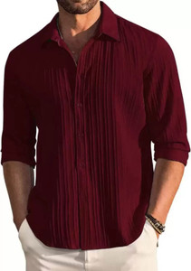 DEEMOON Men Striped Casual Red Shirt