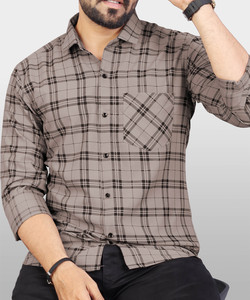 VeBNoR Men Checkered Casual Beige Shirt