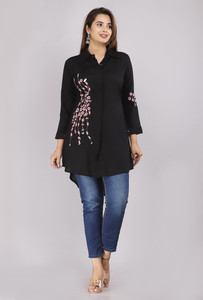 Myorica Women Embroidered Casual Black Shirt