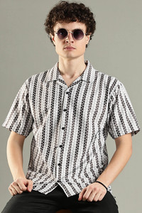 FOXTER Men Self Design Casual Black, White Shirt