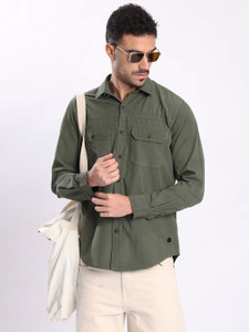 Bene Kleed Men Solid Casual Dark Green Shirt