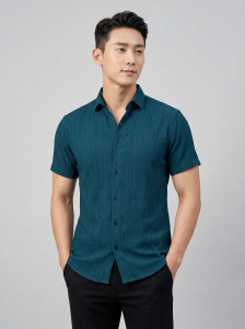 NIVICK Men Self Design Casual Blue Shirt