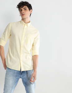 FLYING MACHINE Men Solid Casual Yellow Shirt