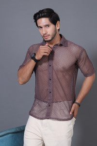 Lunice Men Self Design Casual Brown Shirt