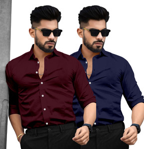 SAADIWALA Men Solid Casual Dark Blue, Maroon Shirt