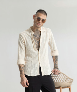 Snitch Men Self Design Casual Cream Shirt