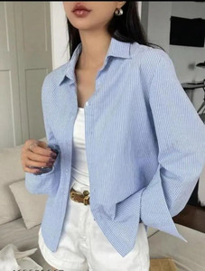 sikrifab Women Striped Casual Light Blue, White Shirt