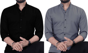 ANAND Men Solid Casual Black, Grey Shirt