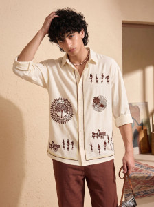 VION WEAR Men Printed Casual Cream Shirt
