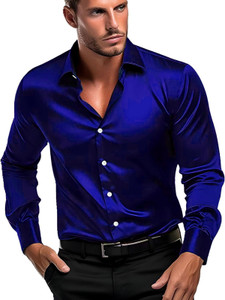 DEELMO Men Solid Casual Dark Blue Shirt