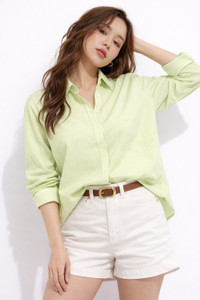 SRBCORPORATION Women Striped Casual Light Green Shirt
