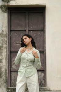 METRONAUT Women Striped Casual Light Green, White Shirt