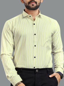MILDIN Men Striped Formal Black, Light Green, White Shirt