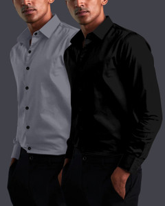 OXXOM Men Solid Casual Black, Grey Shirt