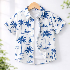 KILKARO Boys Printed Beach Wear White Shirt