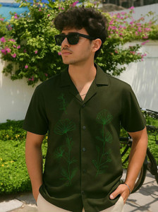 FTX Men Embroidered Casual Dark Green Shirt