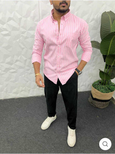 LUXURYCROWN Men Striped Casual Pink, White Shirt