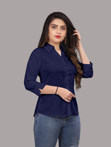 FASHIONYOURSTYLE Women Solid Formal Blue Shirt