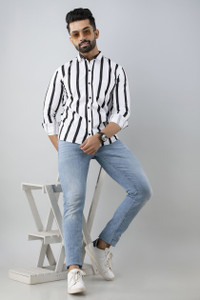 jayleen Men Striped Casual Black Shirt