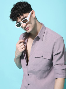 Voroxy Men Self Design Casual Purple Shirt