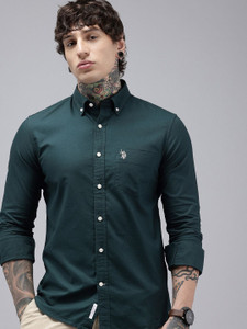 U.S. POLO ASSN. Men Solid Casual Dark Green Shirt