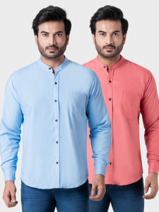 BONCUE Men Solid Casual Light Blue, Pink Shirt